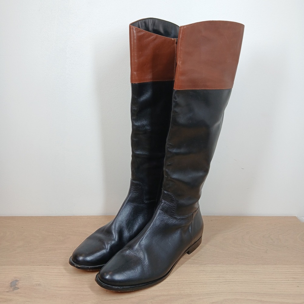Cole Haan Knee High Boots Women 8 Black Brown Leather Two Tone Riding Equestrian